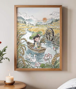 Niña en un bote con campos de arroz y atardecer de fondo