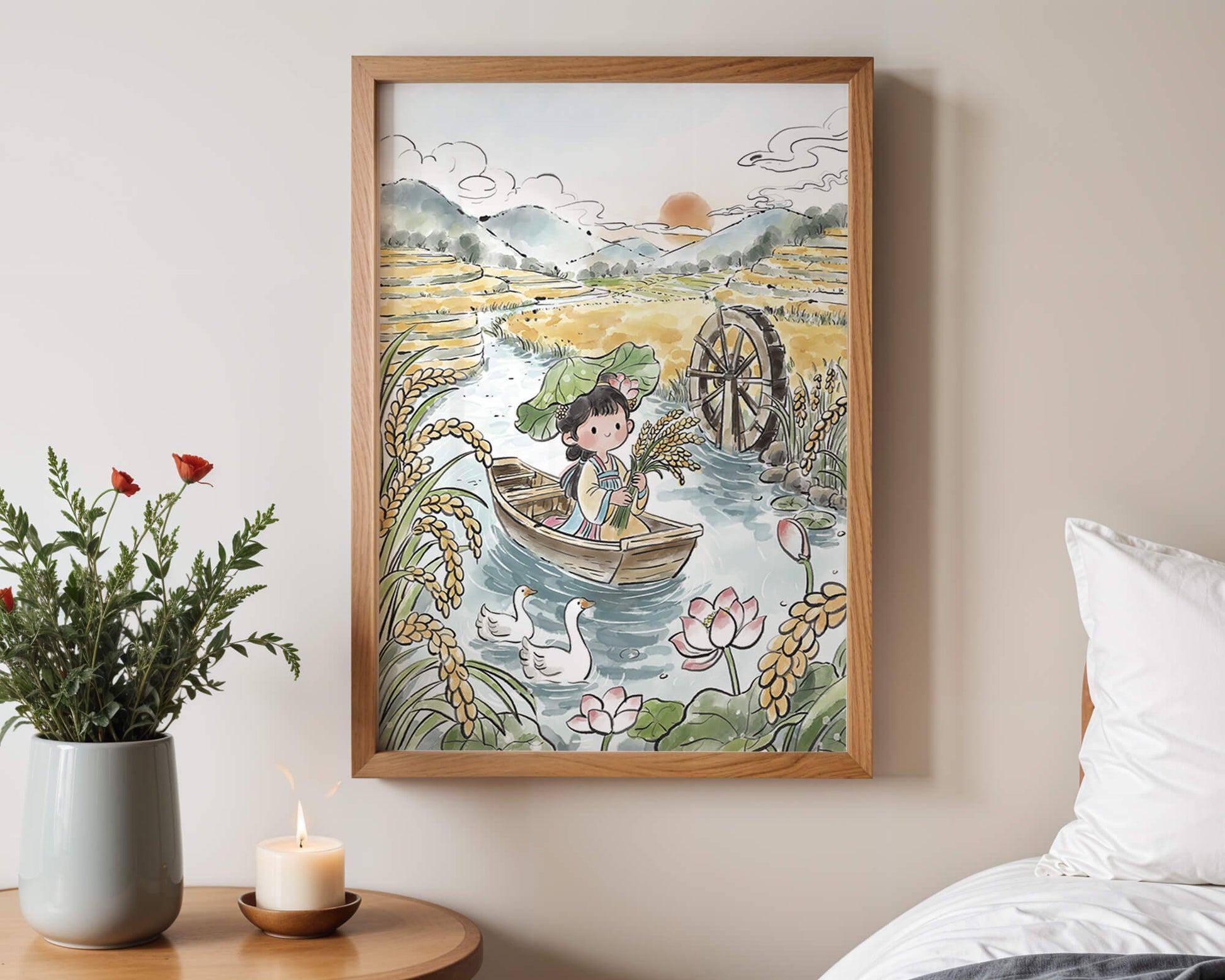 Niña en un bote con campos de arroz y atardecer de fondo