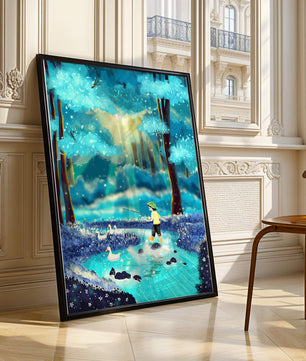 Colorful forest scene with a child and ducks by a stream