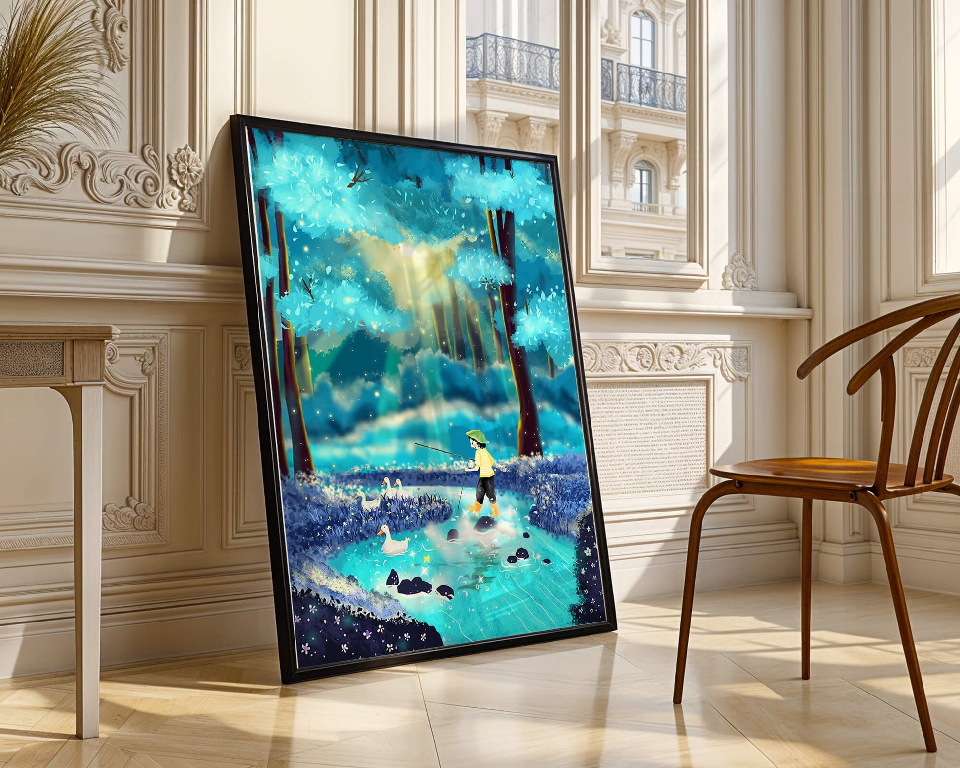 Colorful forest scene with a child and ducks by a stream