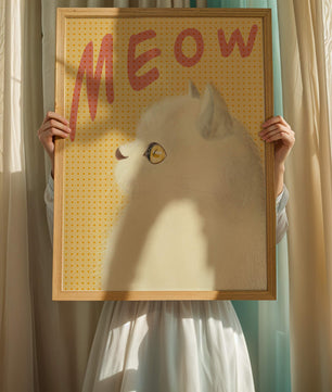 Profile View of a White Cat with Meow Text on Yellow Background