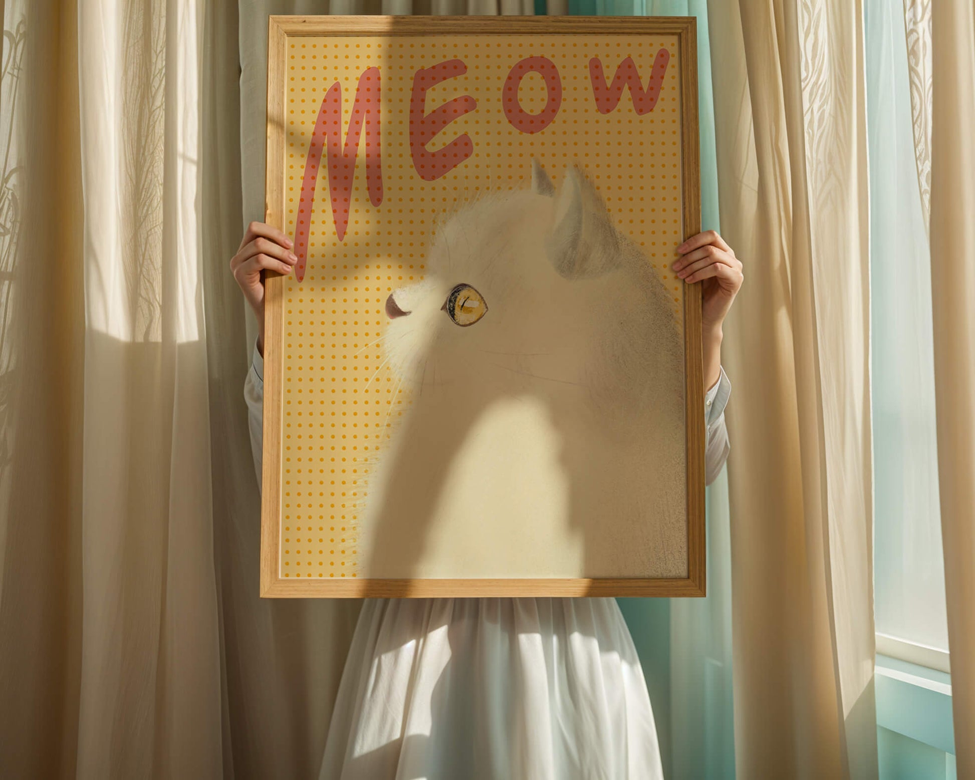 Profile View of a White Cat with Meow Text on Yellow Background