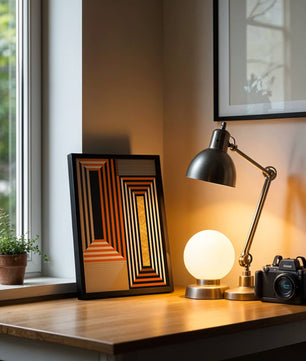 Arte abstracto geométrico con rayas y elemento dorado en naranja, negro y blanco