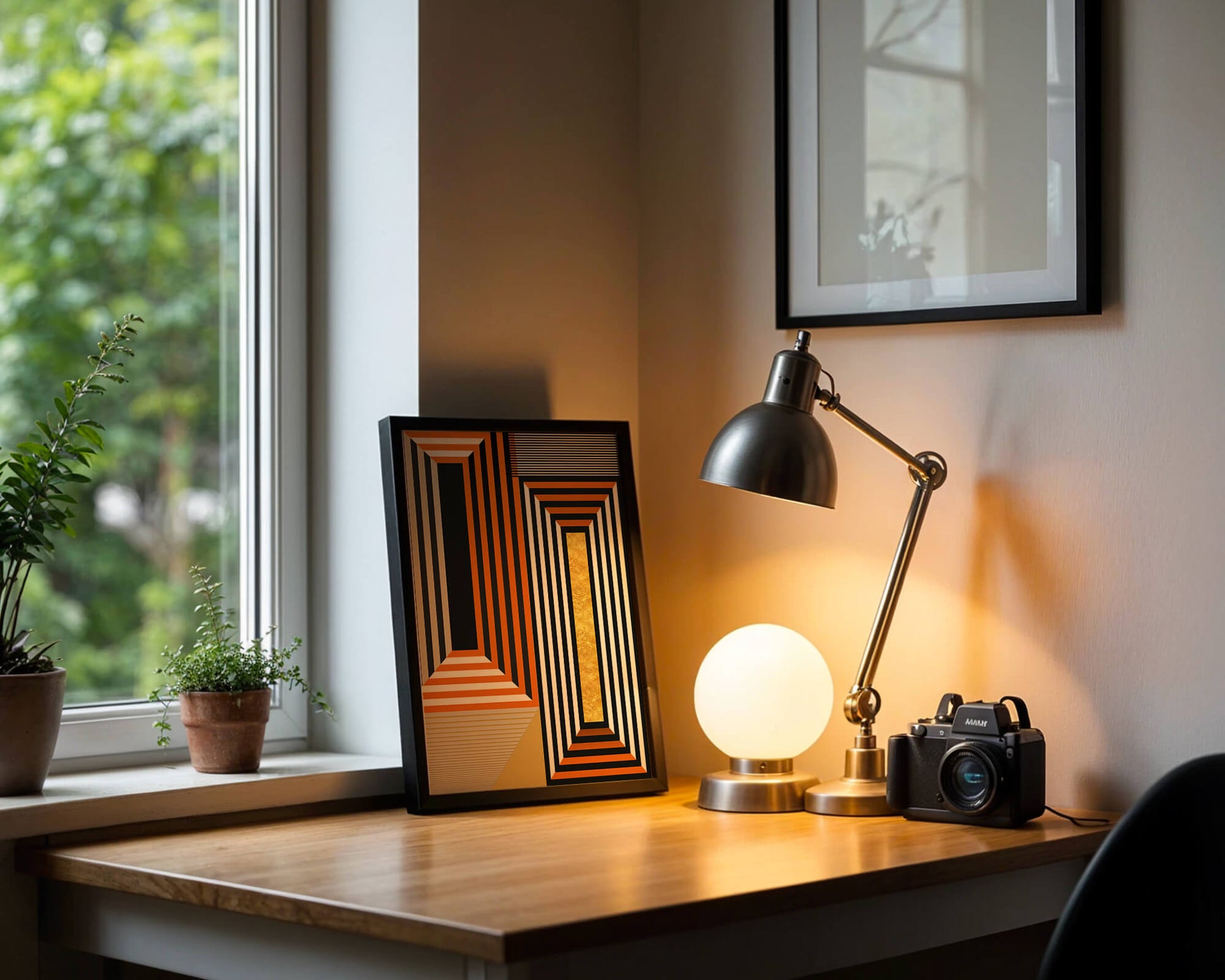 Geometric Abstract Art with Stripes and Gold Element in Orange, Black, and White