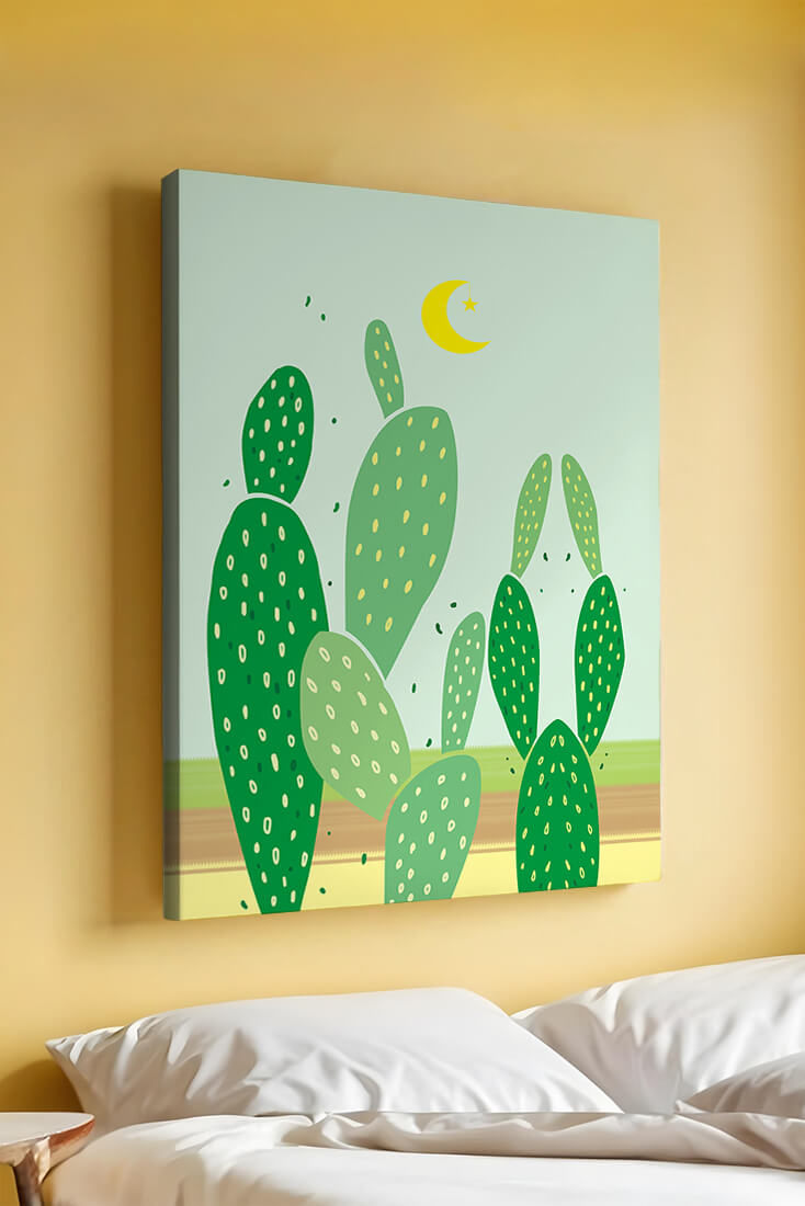 Desert cactus illustration with crescent moon