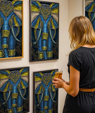Blue and gold ornate elephant with intricate patterns