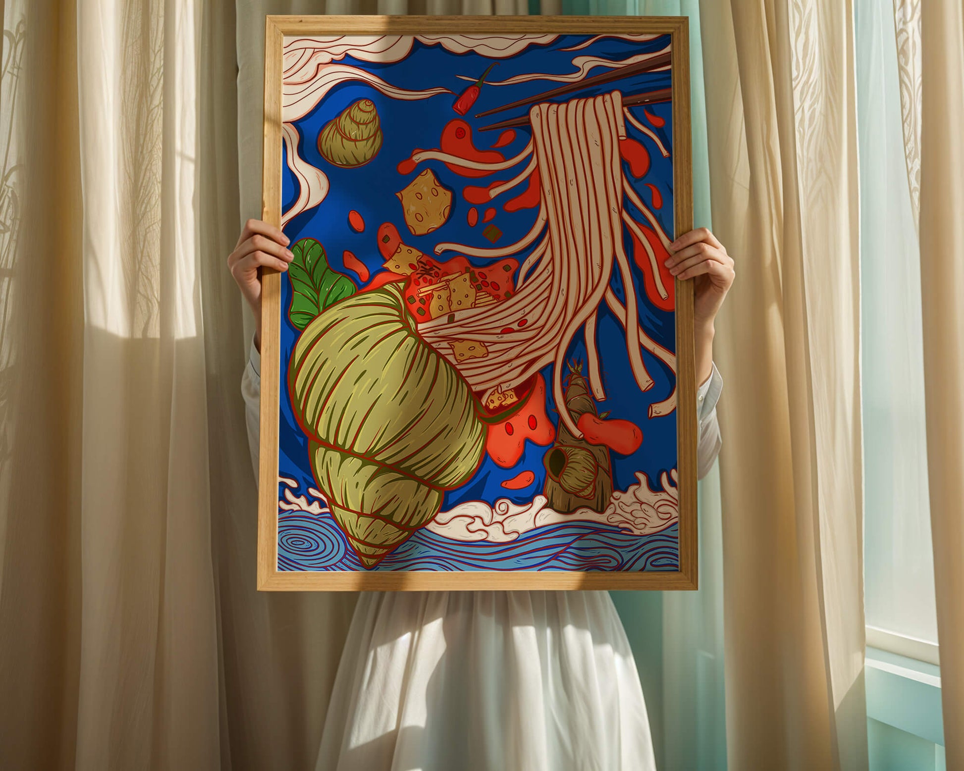 Ilustración intrincada de fideos con colores vibrantes y elementos detallados