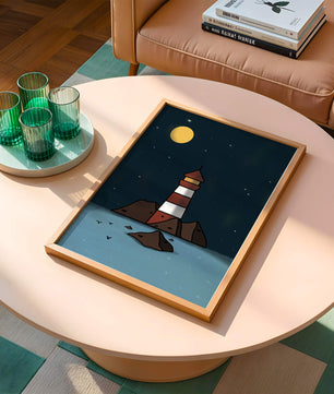 Escena nocturna tranquila con faro y estrellas que reflejan serenidad