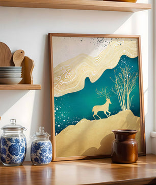 Elegante abstrakte Kunst mit goldenem Hirsch und Naturthema