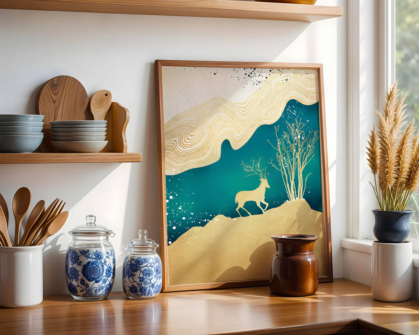 Elegante arte abstracto con ciervos dorados y temática de naturaleza.