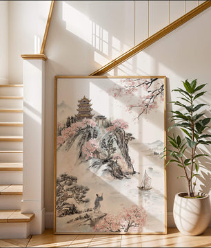 Tranquil Landscape with Cherry Blossoms and Traditional Pagoda