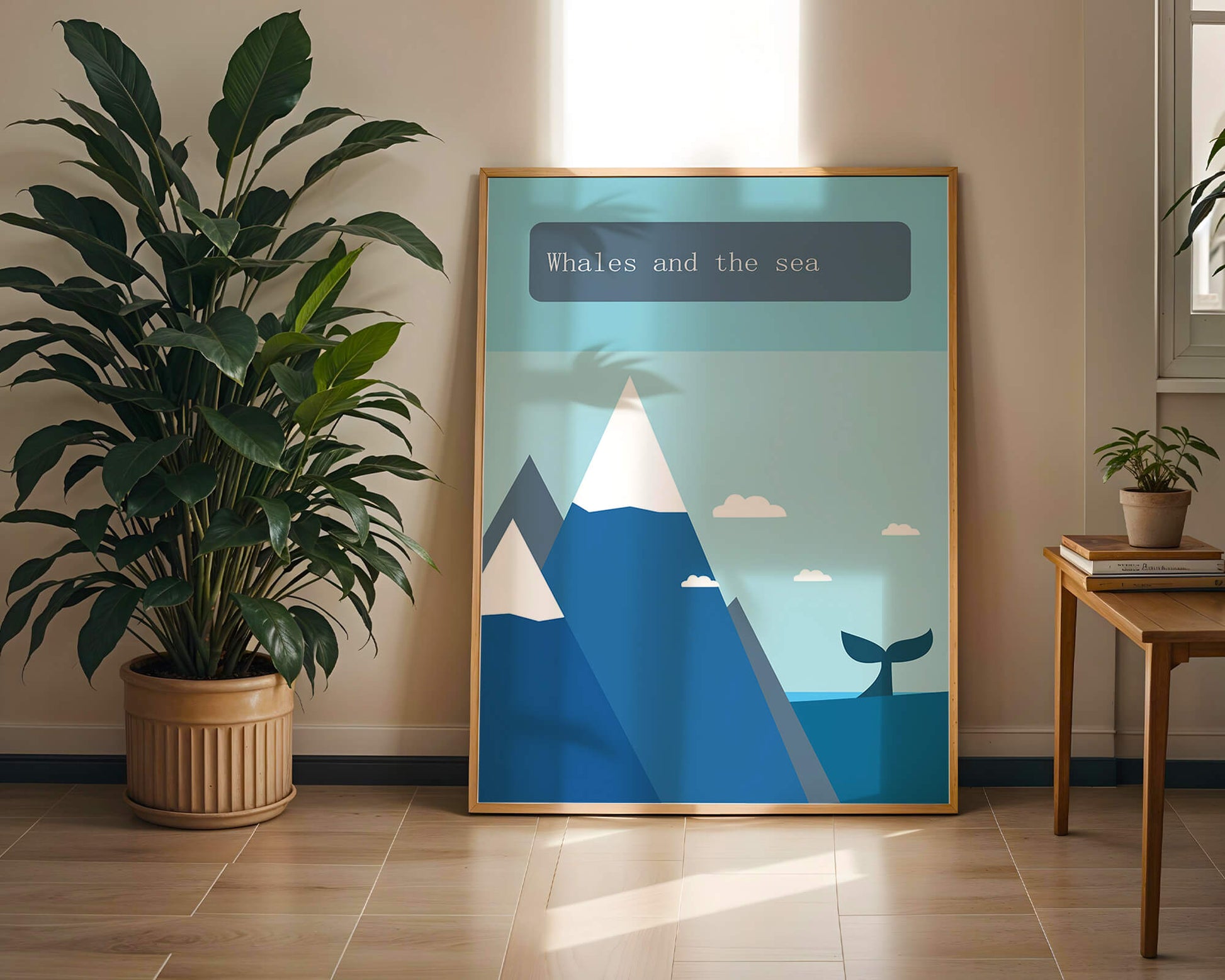 Whale and mountain illustration with sea and sky background