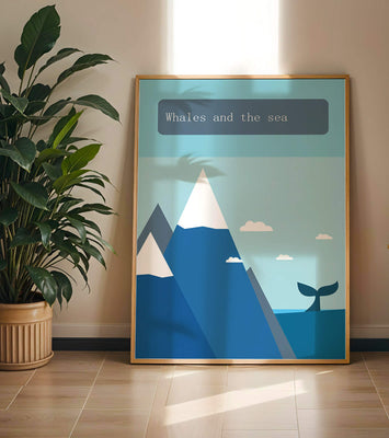 Whale and mountain illustration with sea and sky background