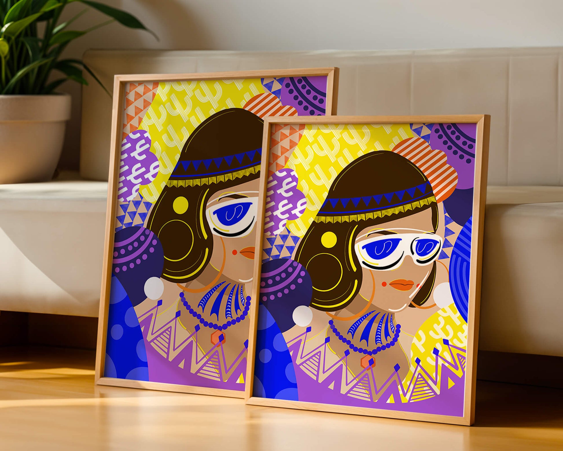 Portrait abstrait coloré avec des motifs géométriques vibrants