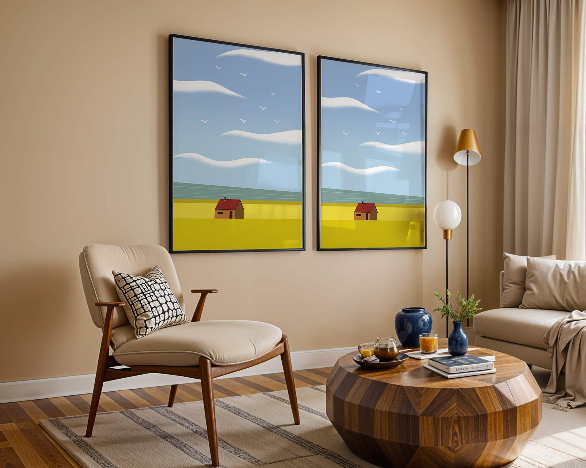 Minimalistic Landscape with House and Sky