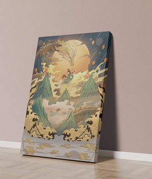 Mythical dragon and warrior painting with golden elements against a mountainous landscape
