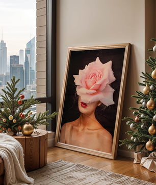 Woman with a Rose Head and Red Lips on a Dark Background - Mi tienda