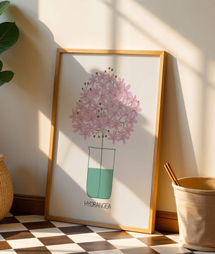 Illustration von Hortensienblüten in einer Vase mit eleganter Linienkunst