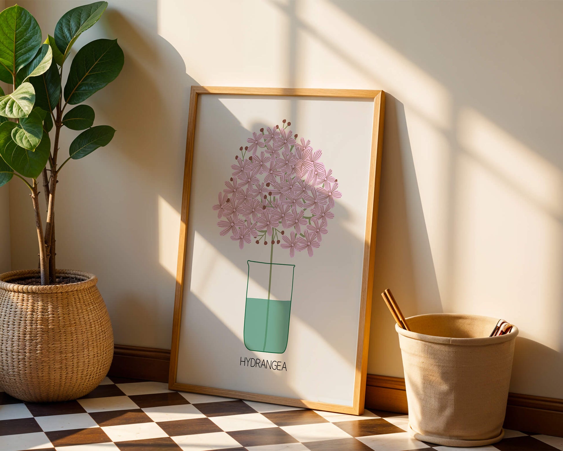 Illustration von Hortensienblüten in einer Vase mit eleganter Linienkunst