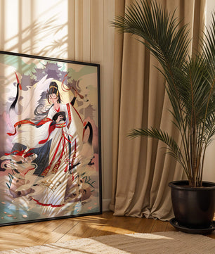 Elegant Asian Artistry with a Crane and Traditional Attire