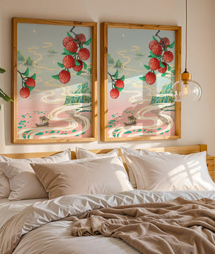 Idyllic Landscape with Lush Lychee Branches and Serene Waterscape