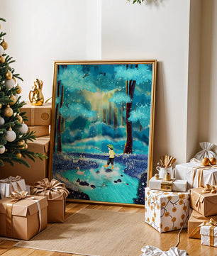 Colorful forest scene with a child and ducks by a stream