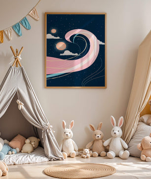 Cosmic Waves and Planets with Whimsical Pink Swirls and Stars - Mi tienda