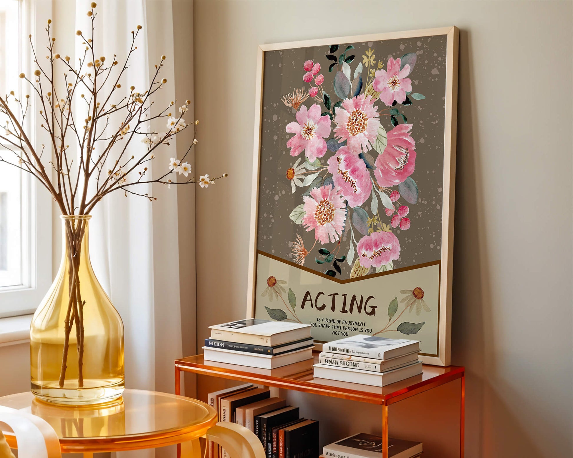 Floral watercolor illustration with motivational text on a brown dotted background