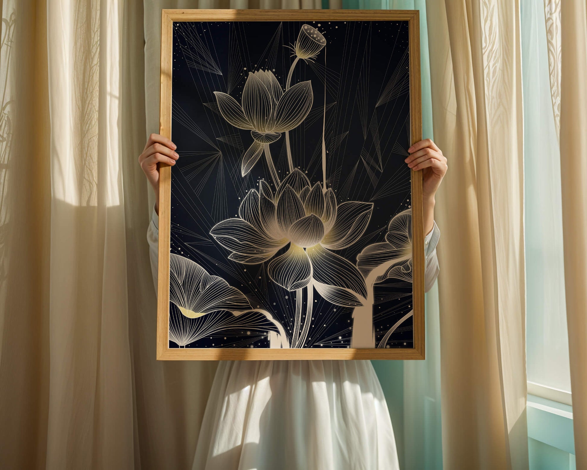 Elegant Lotus Flower Illustration with Geometric Background