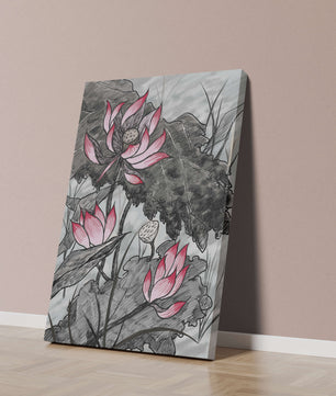 Illustration complexe de fleurs de lotus roses avec des feuilles