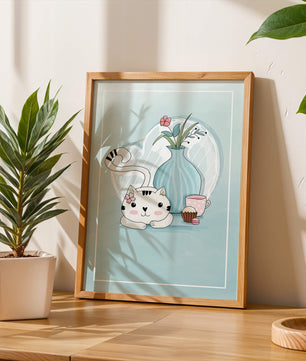 Cute Cat with Flowers, Cup, and Vase on Blue Background - Mi tienda