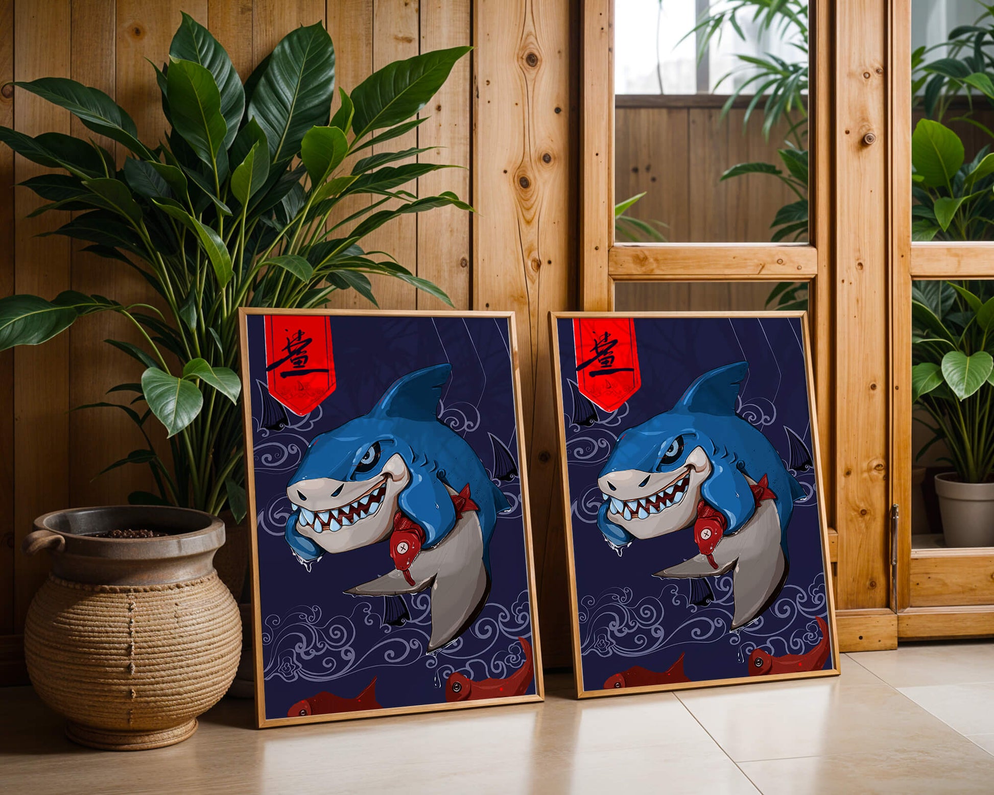 Playful illustration of a cartoon shark with nautical elements
