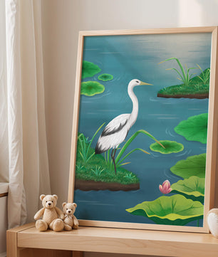 Serene wetland scene with white crane and water lilies