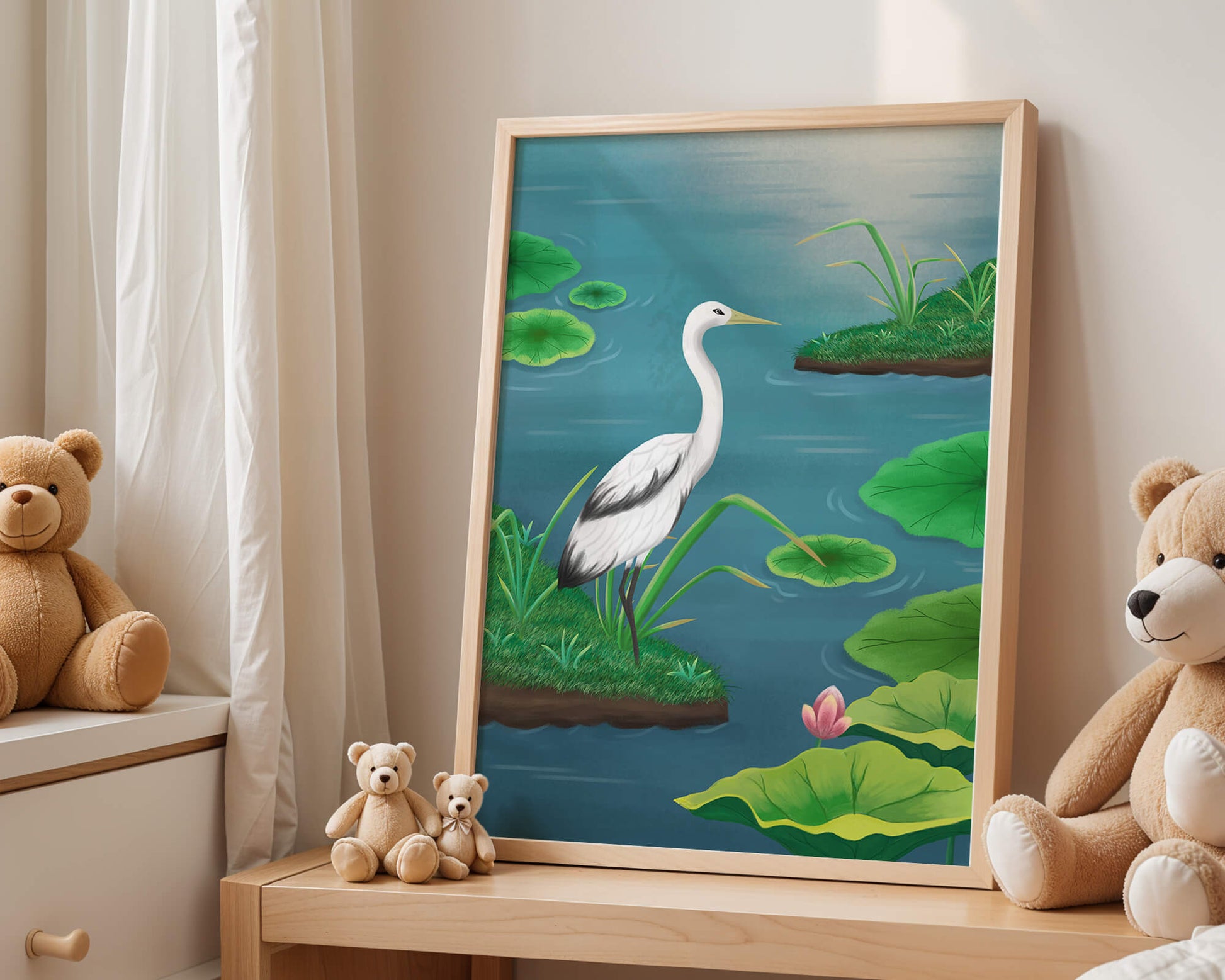 Serene wetland scene with white crane and water lilies