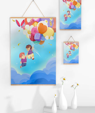 Ilustración caprichosa de niños en el cielo con globos de colores