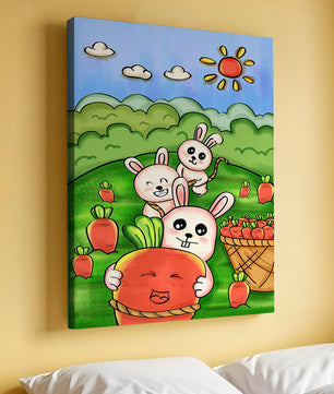 Illustration de lapins espiègles avec des carottes dans un champ ensoleillé