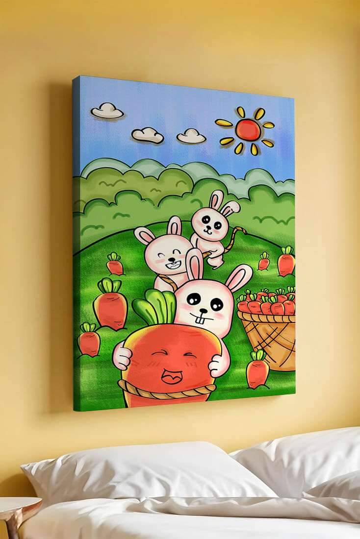 Illustration de lapins espiègles avec des carottes dans un champ ensoleillé