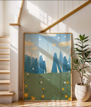 Landschaft mit schneebedeckten Bergen und Blumen im Cartoon-Stil