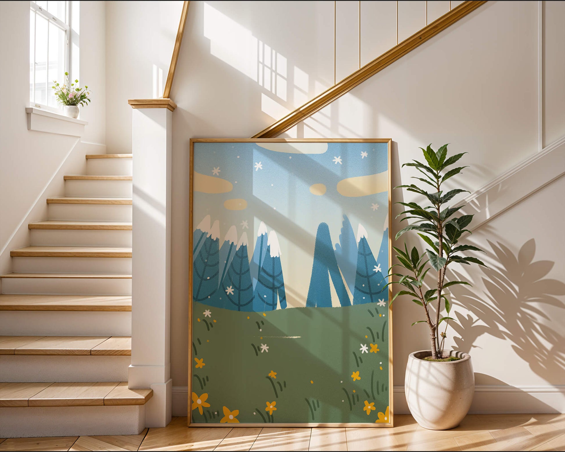 Landschaft mit schneebedeckten Bergen und Blumen im Cartoon-Stil