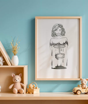 Surreal illustration of a woman with abstract ribcage and melting effect