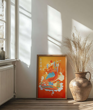 Illustration d’un dragon coloré et d’une ville avec des pagodes et des montagnes