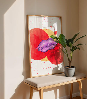 Vibrant Abstract Artwork Featuring Purple Lips on Watercolor Background
