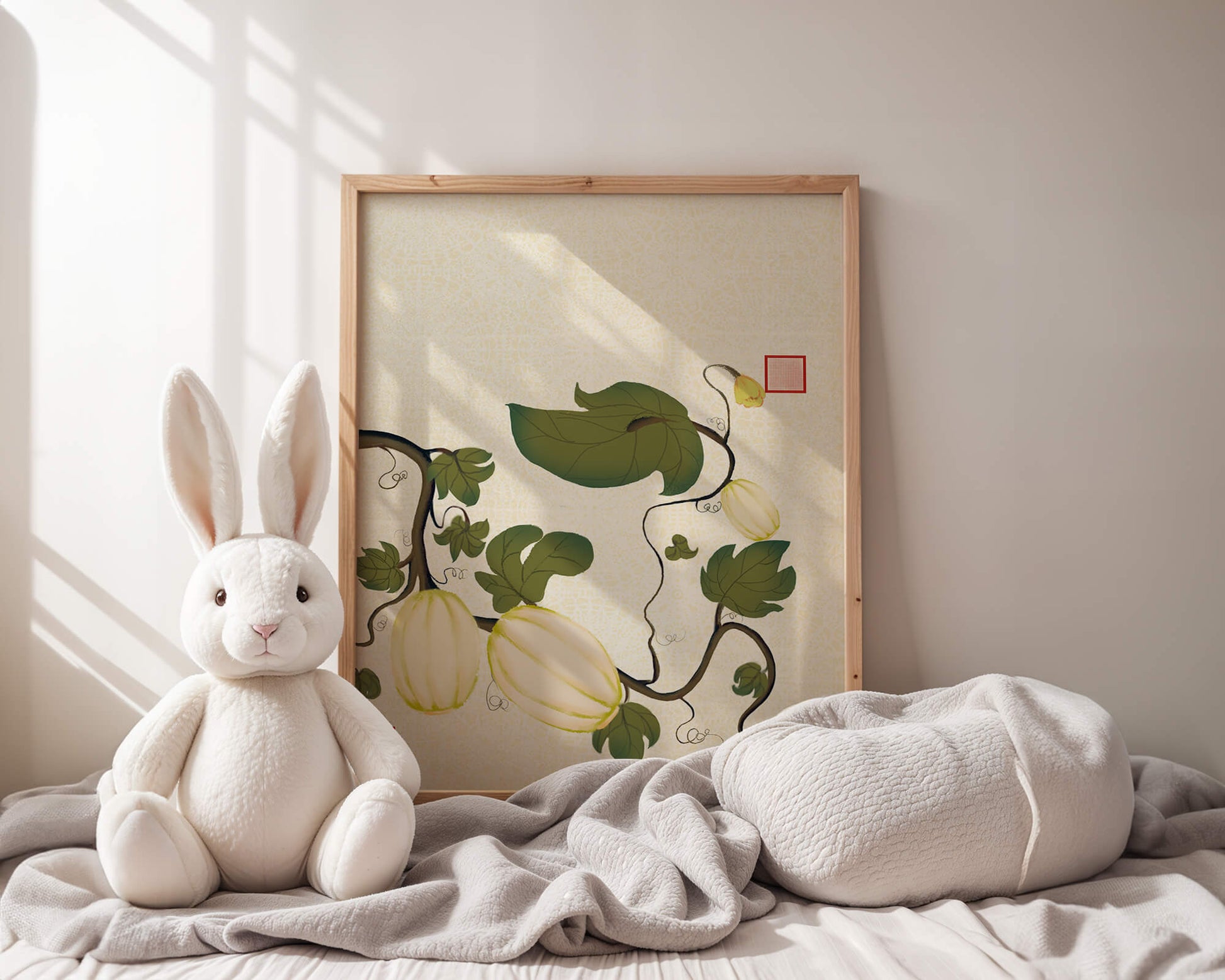 Illustration botanique élégante de melons et de vignes sur un fond texturé