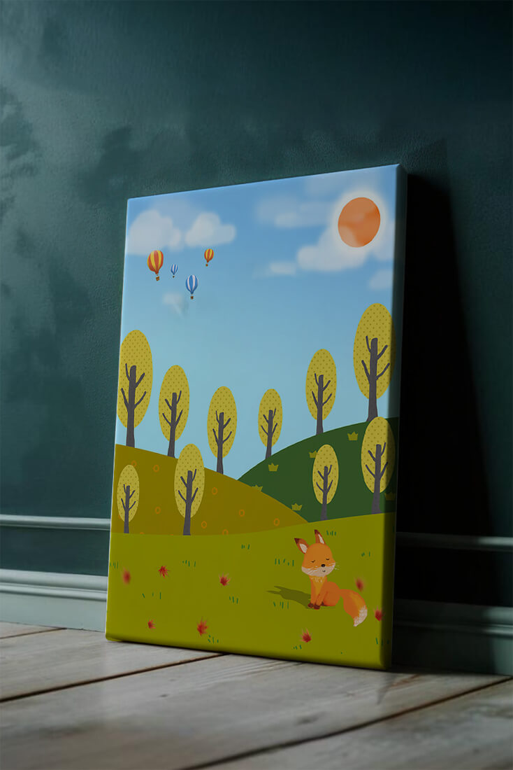 Whimsical landscape with hot air balloons and a fox in autumn scenery