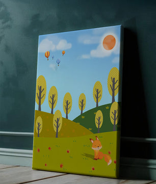 Whimsical landscape with hot air balloons and a fox in autumn scenery
