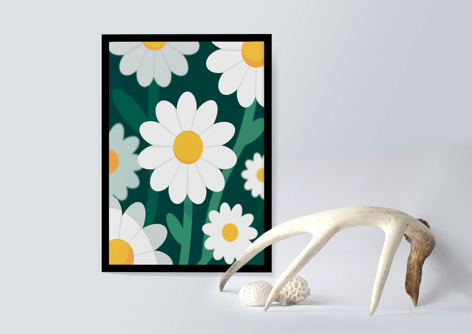 Margaritas sobre fondo verde oscuro con diseño abstracto