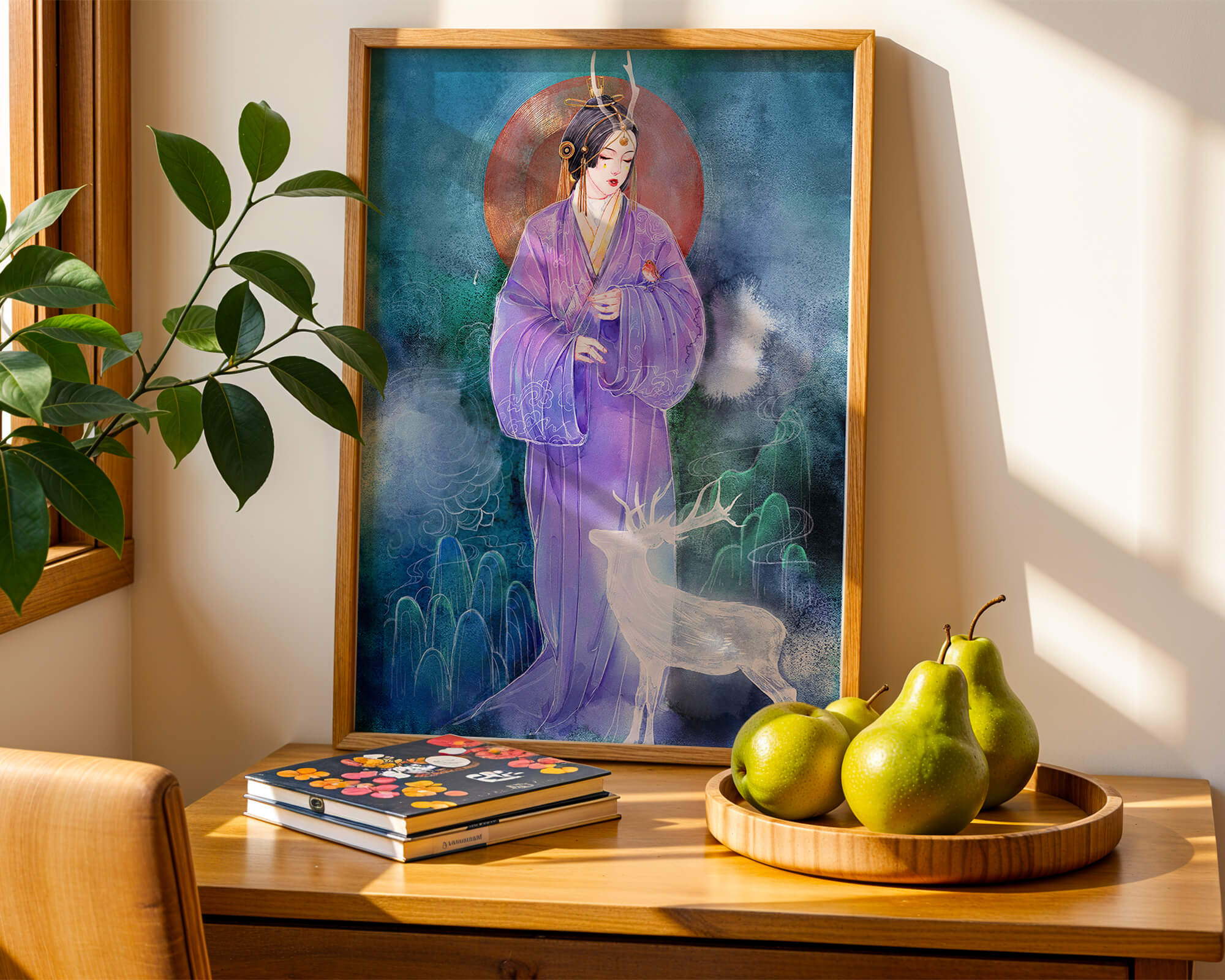 Elegant woman in traditional attire with a mystical deer set against a serene backdrop