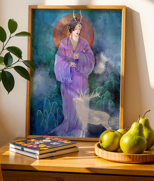 Mujer elegante con atuendo tradicional y un ciervo místico en un fondo sereno