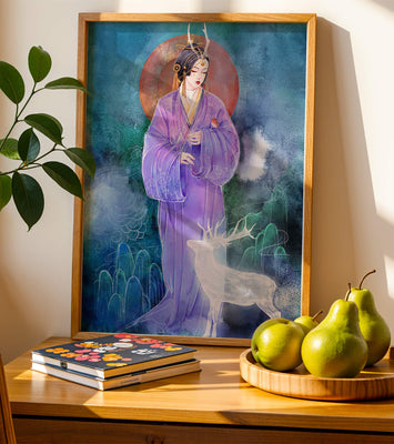 Elegant woman in traditional attire with a mystical deer set against a serene backdrop
