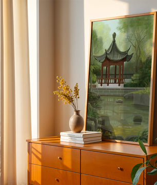 Tranquil Asian garden scene with traditional pagoda and serene pond